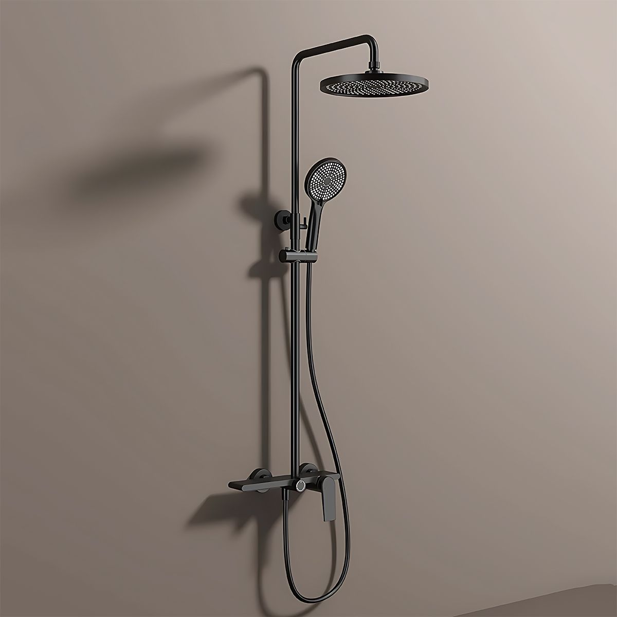 Duschsystem, Wasserfall-Badewannenauslauf, 3 Funktionen, Ablage, Wandmontage, Mattschwarz, Divina