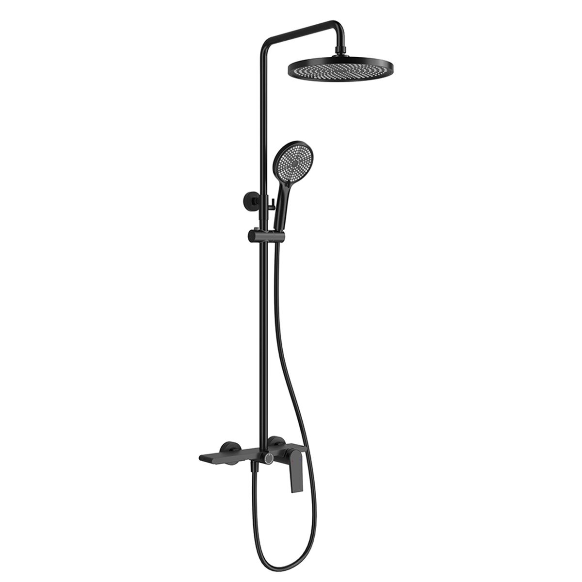 Duschsystem, Wasserfall-Badewannenauslauf, 3 Funktionen, Ablage, Wandmontage, Mattschwarz, Divina