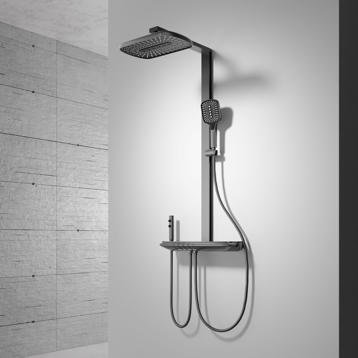 Dusch- und Badewannensystem, 2 Handbrausen, Armatur mit Piano-Tasten, 3 Funktionen, Wandmontage, Stahl, Gun Grey, Serano