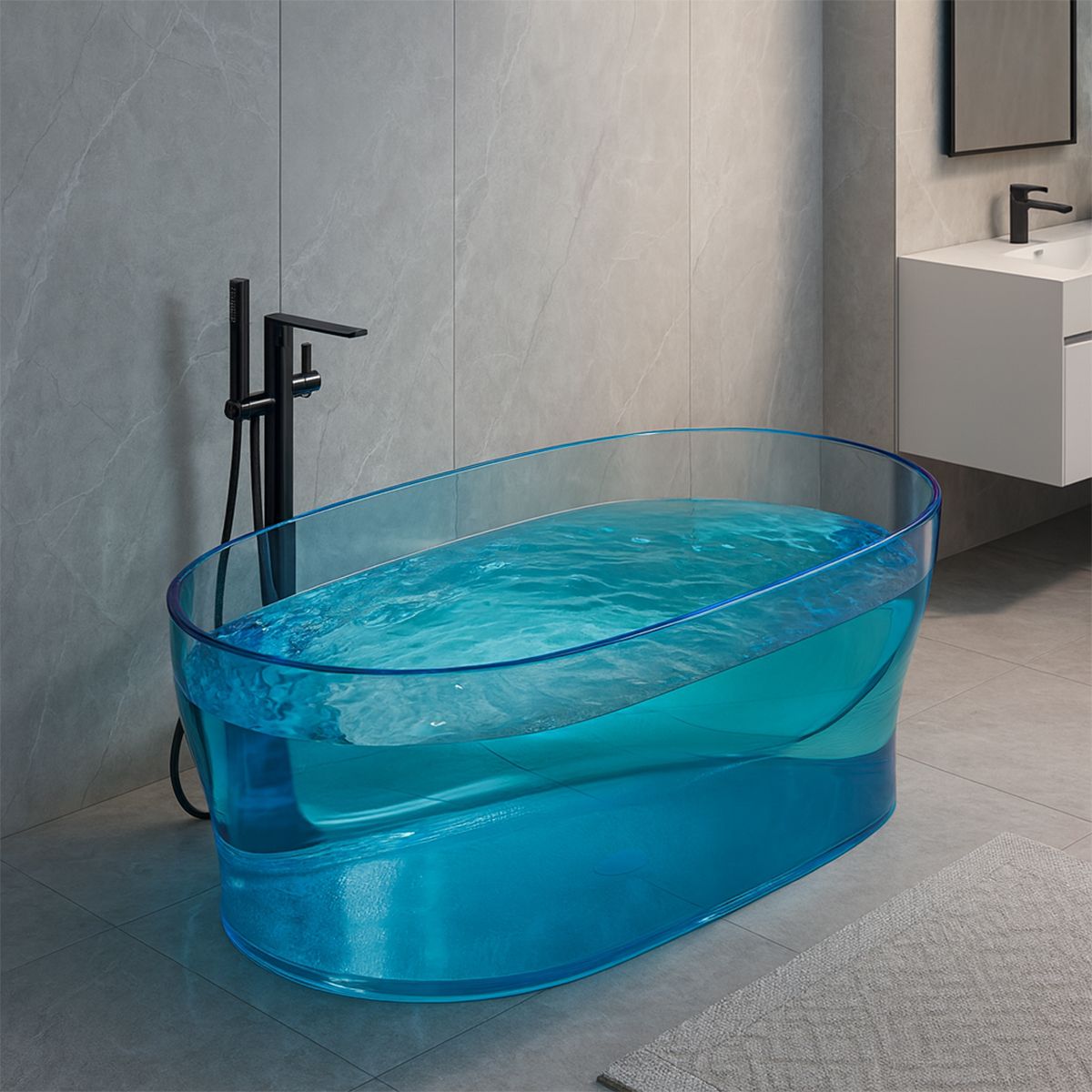 Badewanne, CristalMood, freistehend, Transparent Blau, 170x78 cm, Ablauf inklusive, Azure