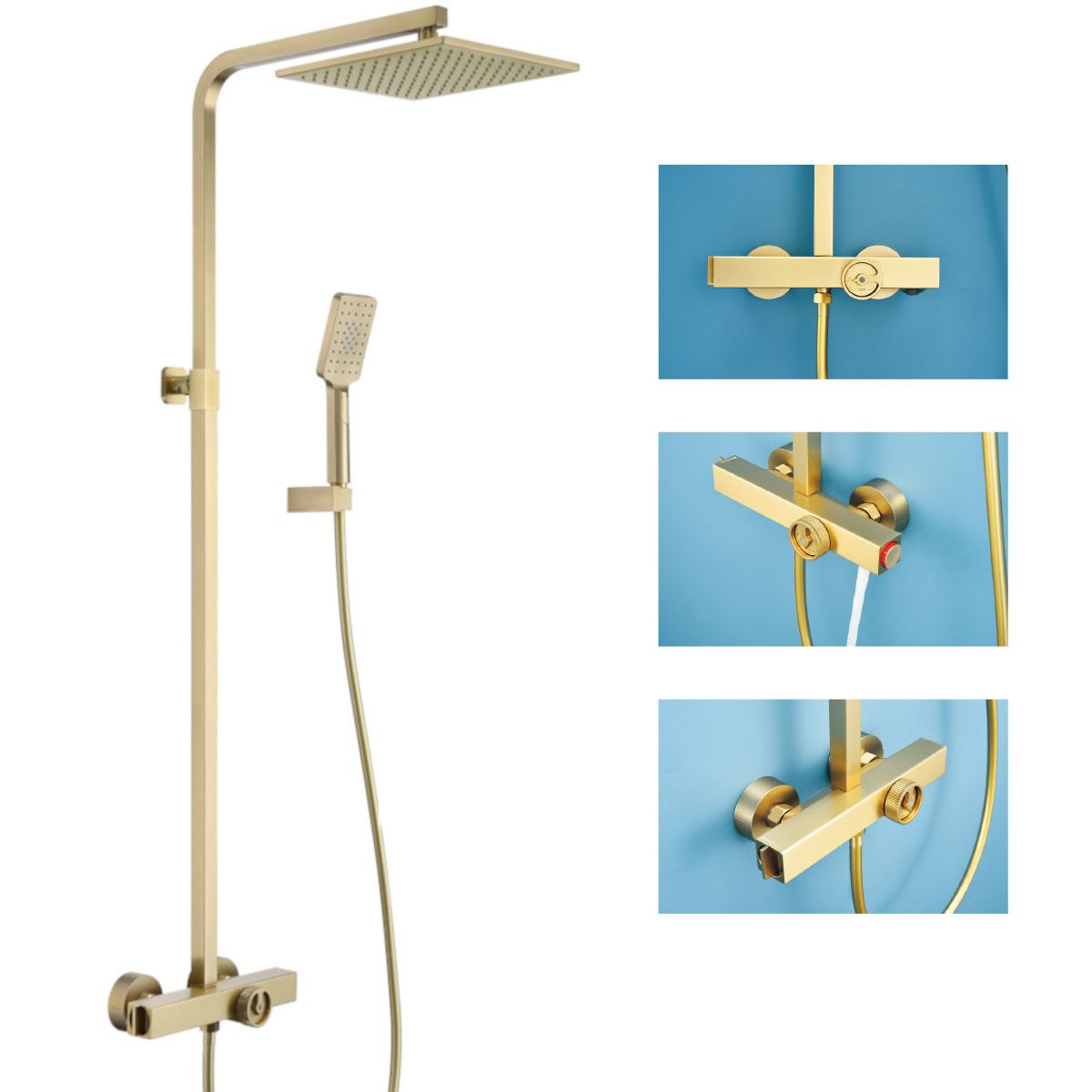 Thermostat-Duschsystem, Badewannenarmatur, Dexter, Gebürstetes Gold, Regenbrause 25x25, Handbrause, Wandmontage