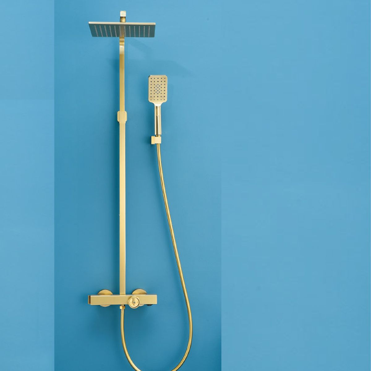 Thermostat-Duschsystem, Badewannenarmatur, Dexter, Gebürstetes Gold, Regenbrause 25x25, Handbrause, Wandmontage