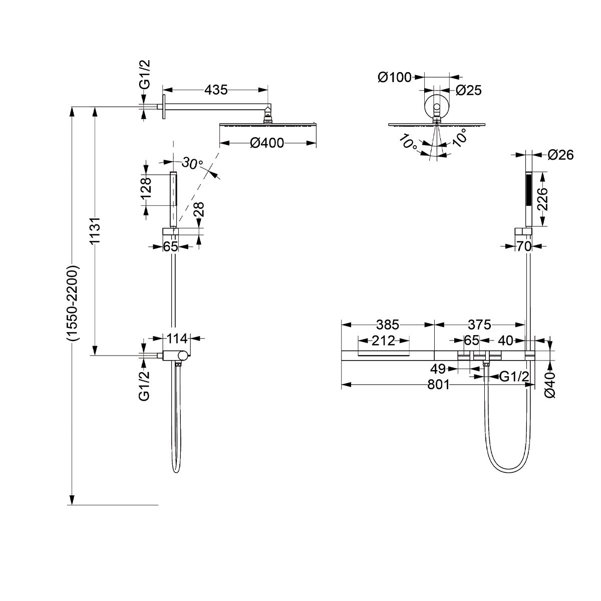 Dusch-und Badewannensystem mit Vernet Thermostat, Mattschwarz, 3 Funktionen, Unterputzmontage, Elio