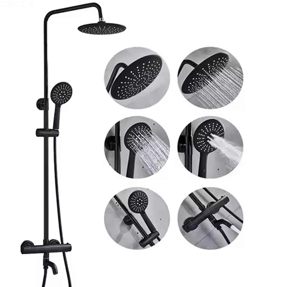 Thermostat-Duschsystem, 3 Funktionen, Wannenarmatur, Regendusche, Handbrause, Wandmontage, Matt Schwarz, Olympia