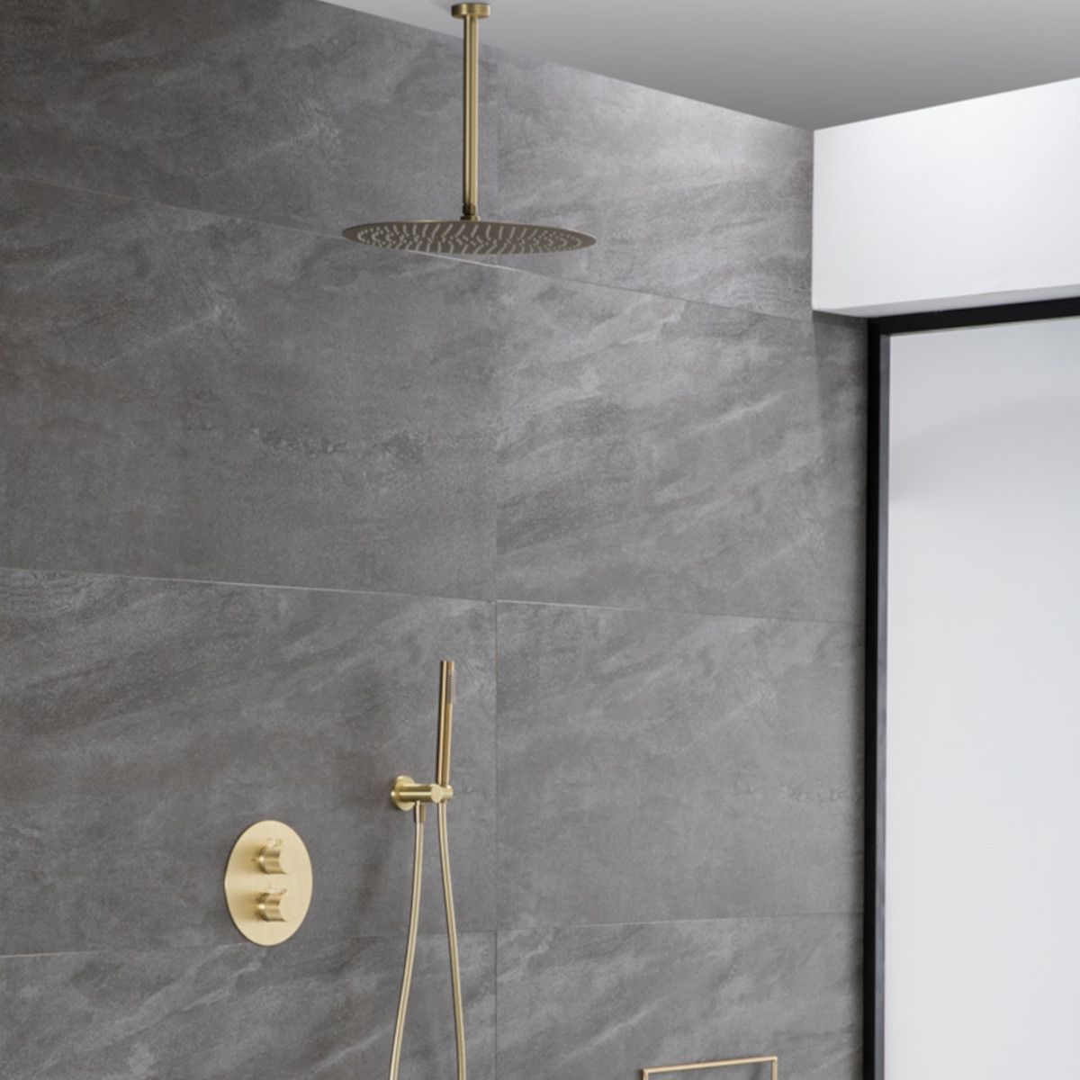 Duschsystem, Mattgold, Deckenmontage, Einbauarmatur mit Thermostat, Regenbrause, Durchmesser 40 cm, Apolo