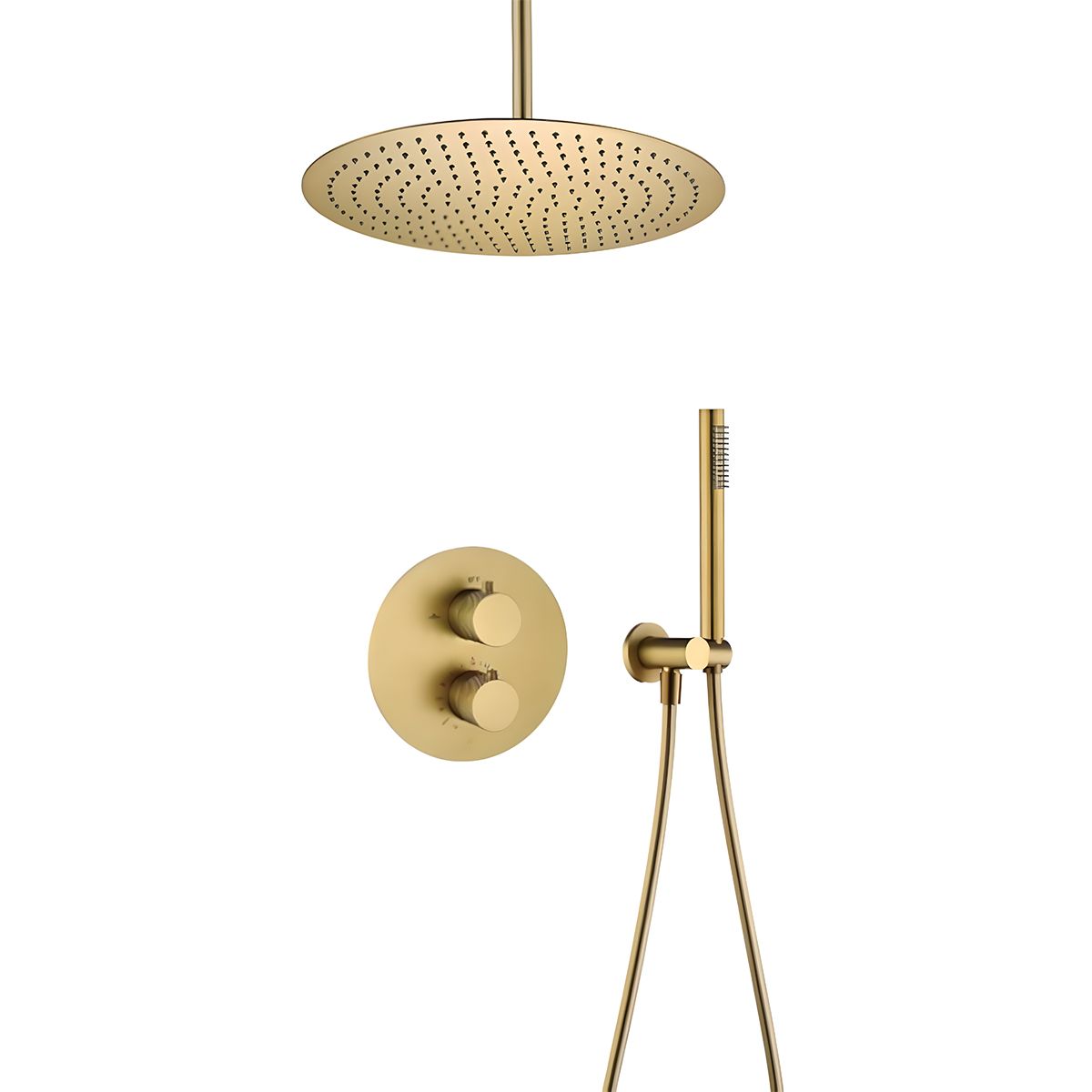 Duschsystem, Mattgold, Deckenmontage, Einbauarmatur mit Thermostat, Regenbrause, Durchmesser 40 cm, Apolo