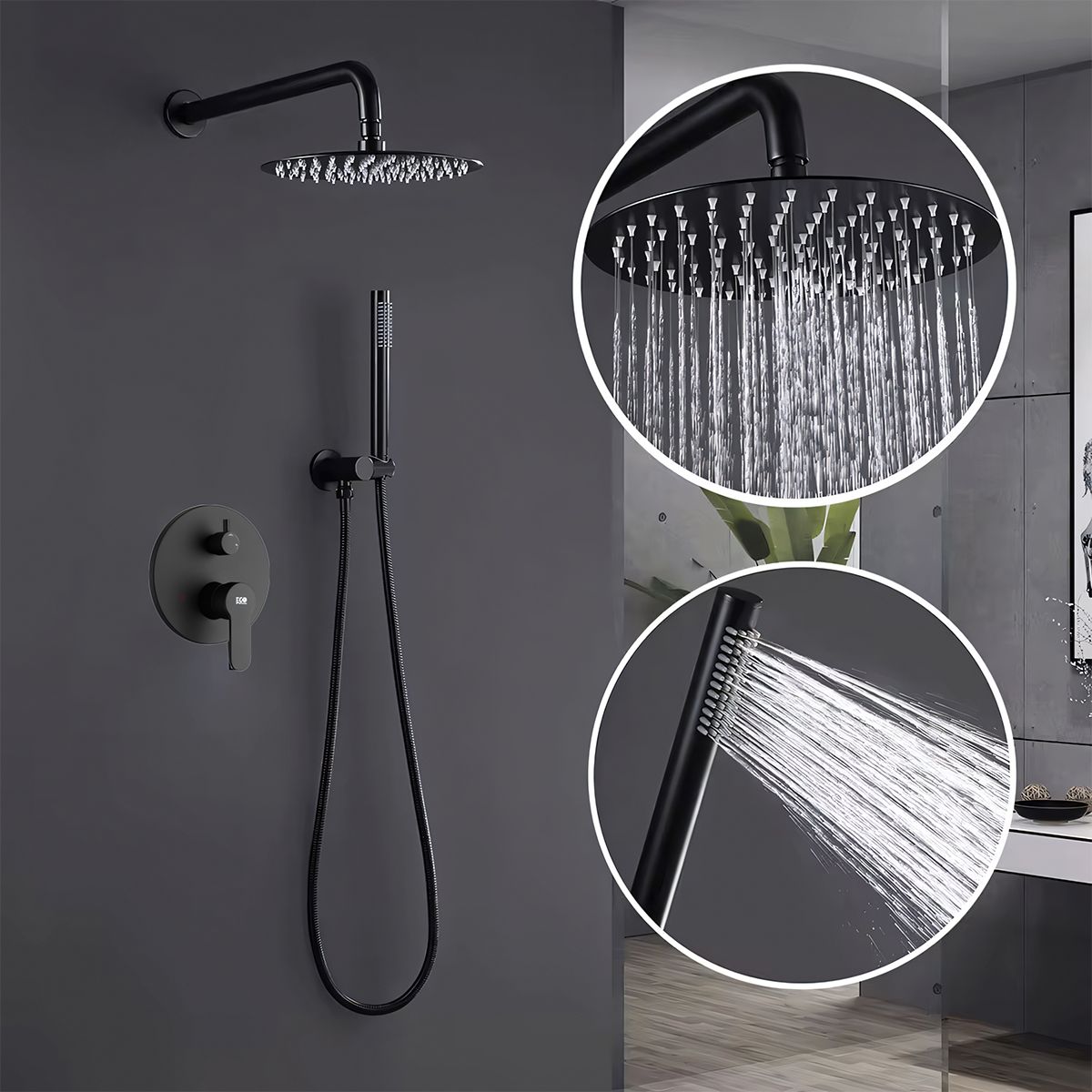 Duschsystem, Wandmontage, Unterputzarmatur, 2 Funktionen, Regendusche, Matt Schwarz, Sparta