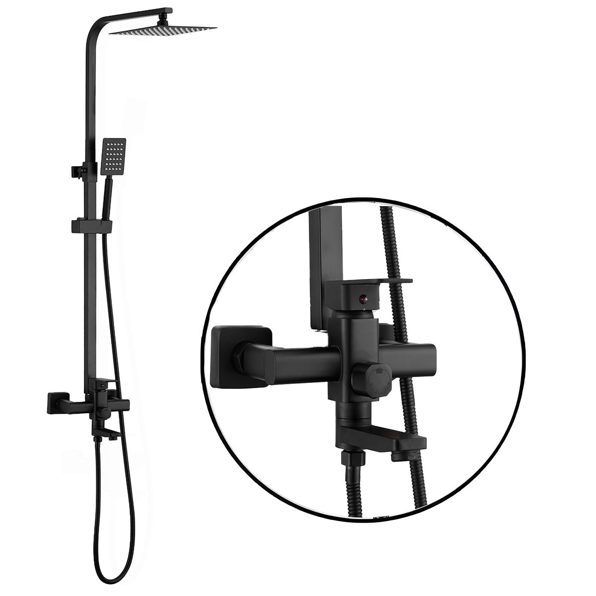 Duschsystem, Wandmontage, 3 Funktionen, Regendusche und Handbrause, Messing, Matt Schwarz, Optima