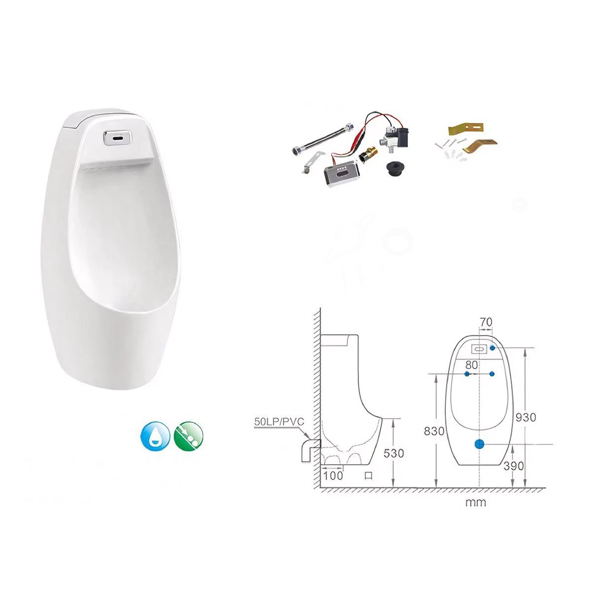 Urinal mit integriertem Sensor, Wand- oder Bodenablauf, 34x29x68 cm, Glänzend Weiß, Lucente