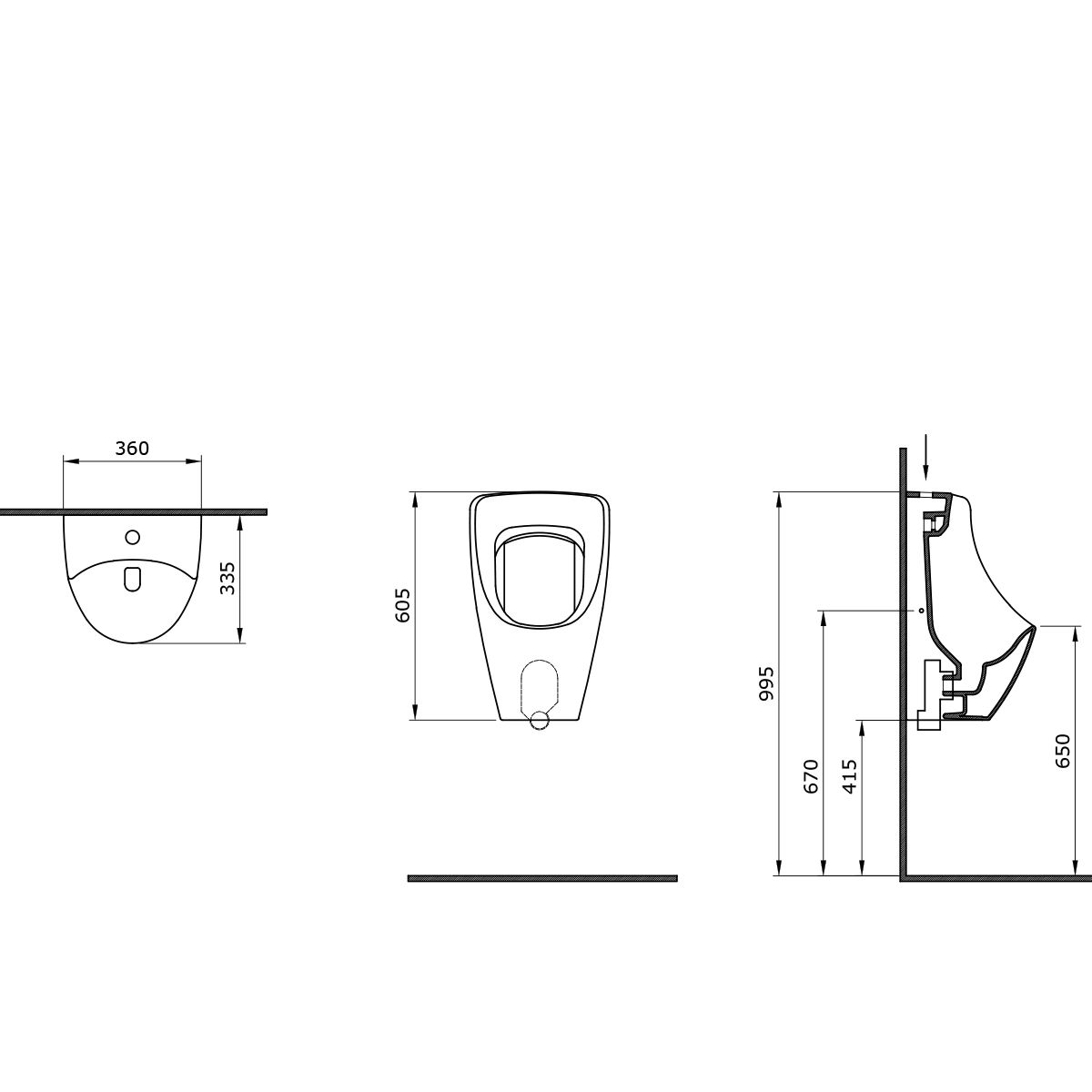 Urinal in Mattschwarz mit oberem Wasserzulauf, 36x60 cm, Sanitärkeramik, Nicolo