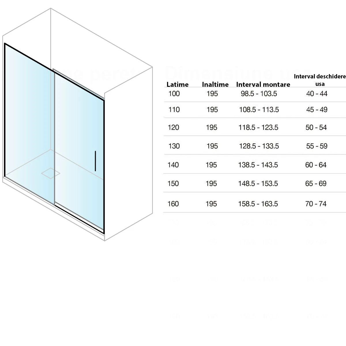 Duschtür, verschiebbar, transparent, 6 mm Sicherheitsglas, Abmessungen zwischen 100-160 cm, Chromprofil, Hanes