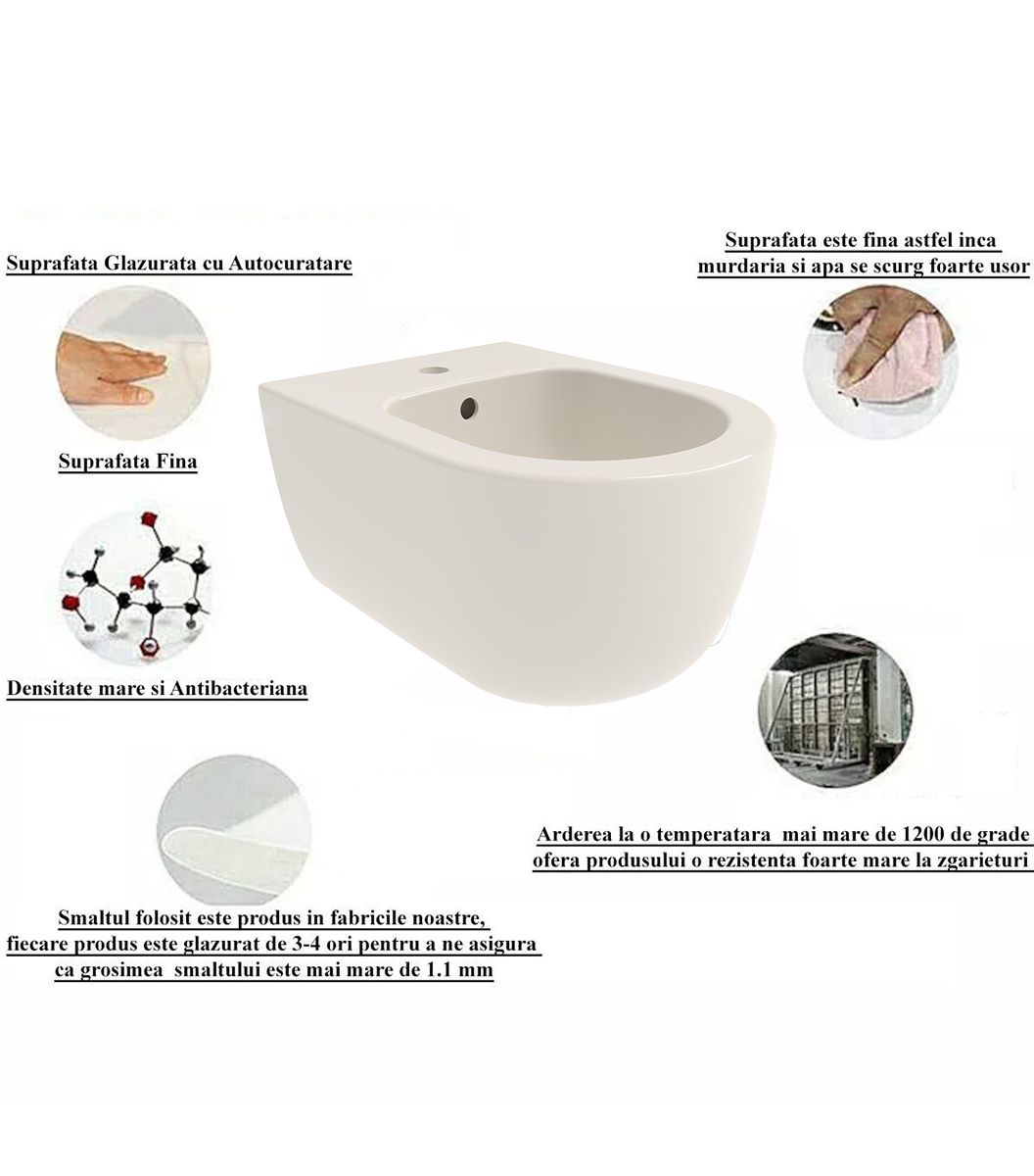 Bidet, Glänzend Creme Biscuit, 49x36 cm, Wandmontage, mit Überlauf, Michael