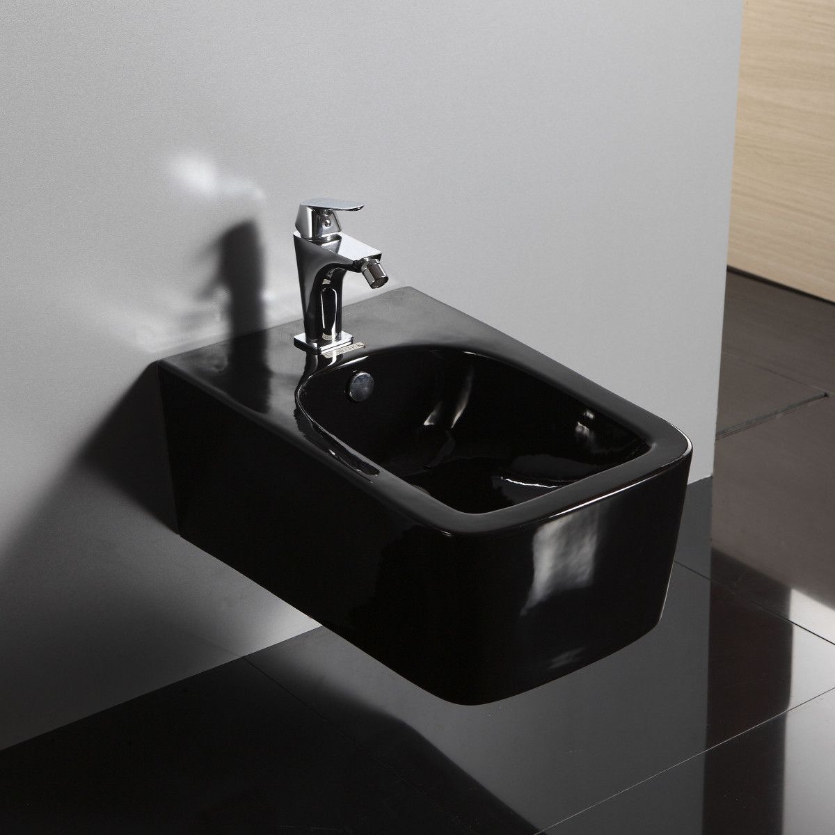 Bidet, Schwarz Glänzend, Ego-Maryam, wandhängend, Sanitärkeramik, mit Überlauf, 56 x 37 cm