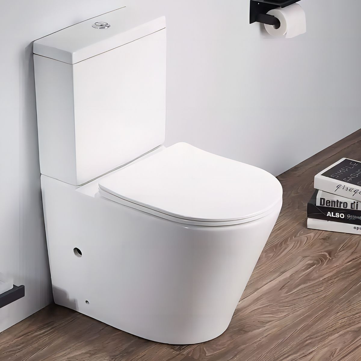 Toilettenschüssel EGO Dario Rimless inkl. Spülkasten, 2 Teile., Weiß glänzend, Bodenmontage, Duroplast Slim Soft-Close-Deckel inkl.