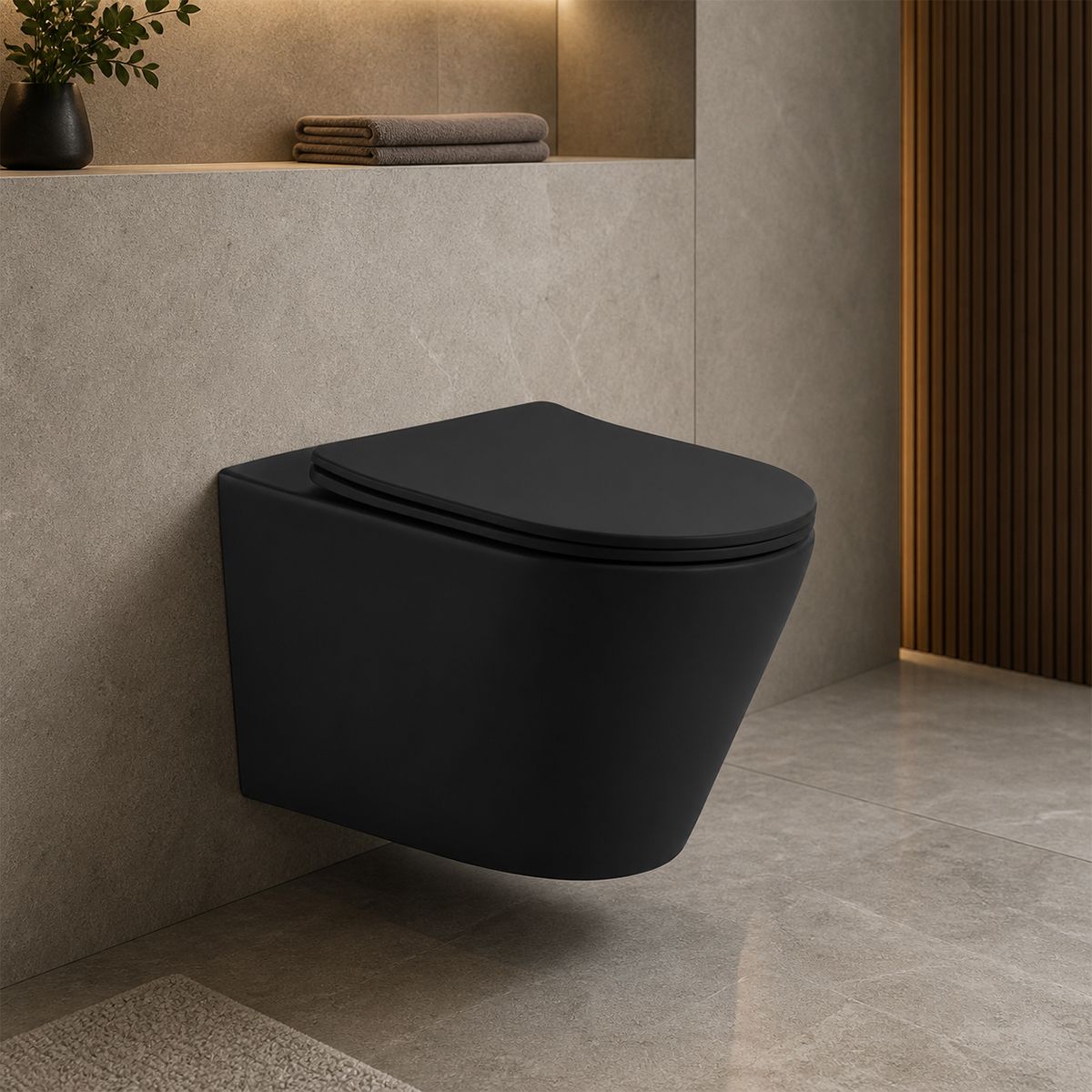 Toilettenschüssel EGO Galo, Rimless, Mattschwarz, 53x36 cm, wandhängend, Duroplast Slim Soft-Close Abdeckung inklusive