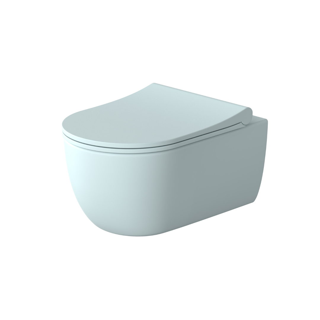 WC-Schüssel EGO Michael Rimless, 49x36 cm, Blau, Power Colour, halbmatt, hängende Montage , Duroplast Soft-Close Deckel Easy-Off
