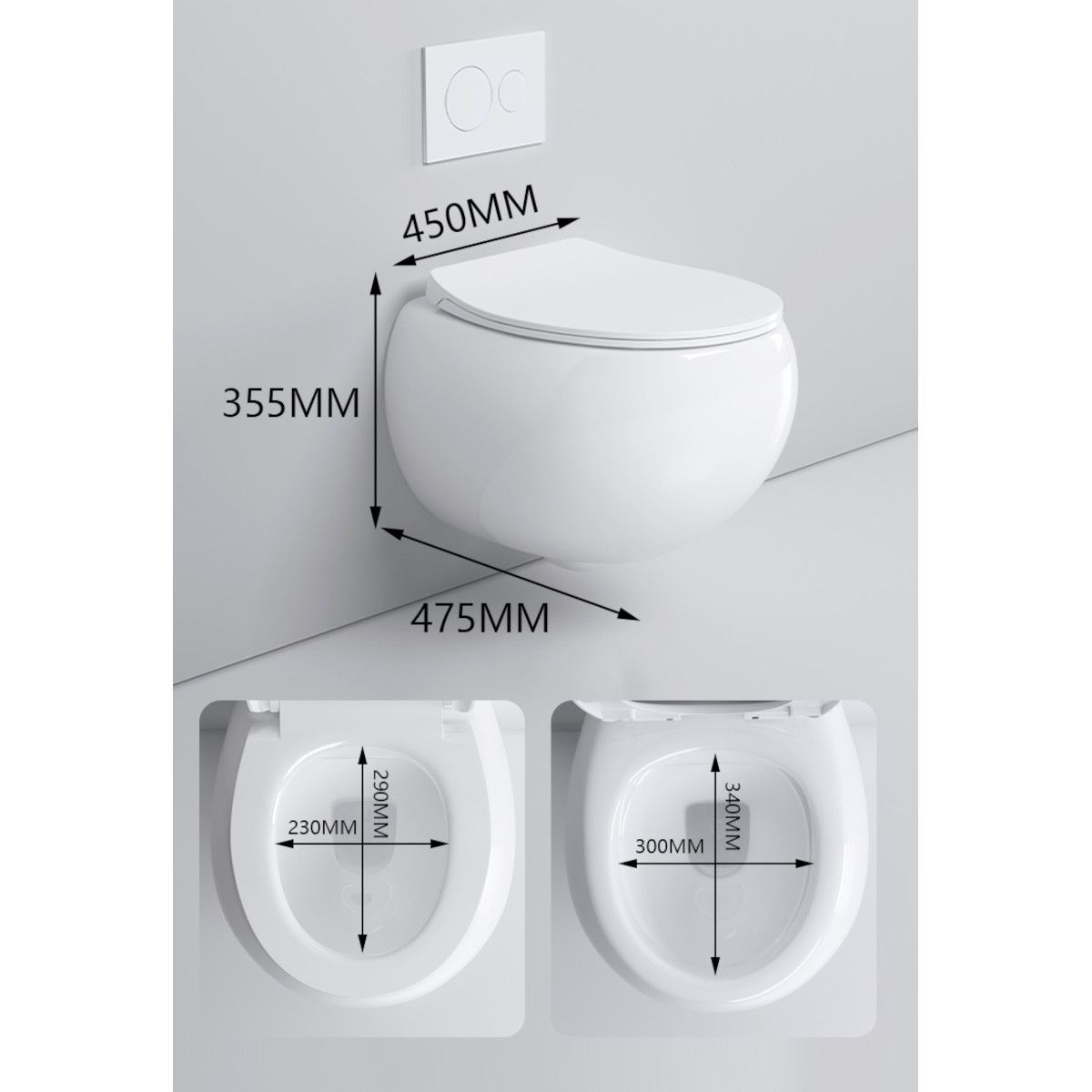 Toilettenschüssel, hängende Installation, Randlos, Glänzweiß, 47 x 45 cm, Site-Keramik, Duroplast-Deckel mit Soft Close, Roli