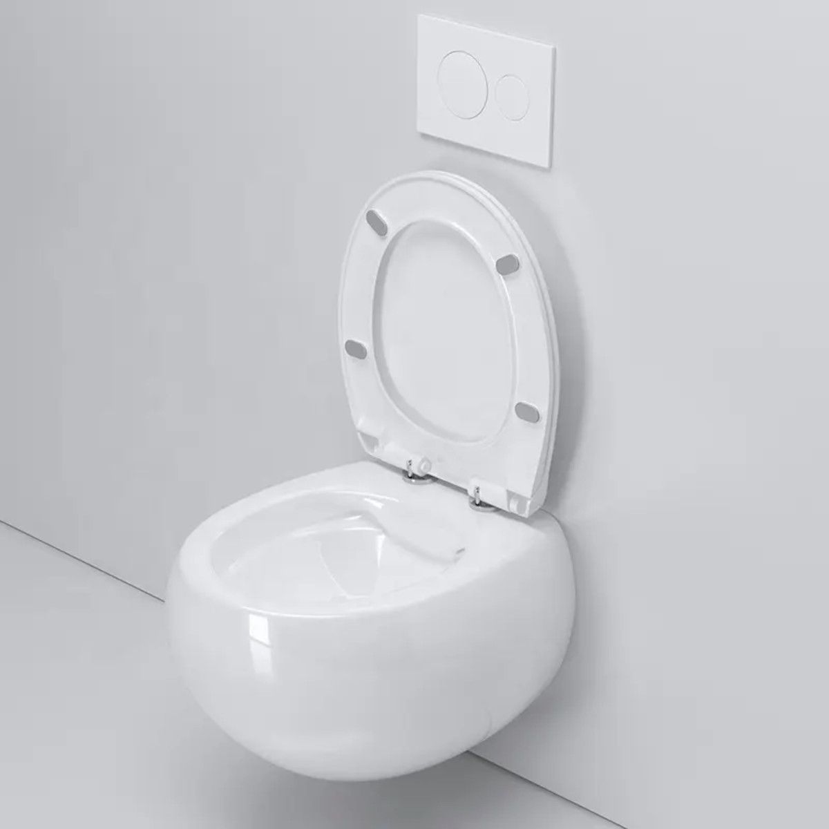 Toilettenschüssel, hängende Installation, Randlos, Glänzweiß, 47 x 45 cm, Site-Keramik, Duroplast-Deckel mit Soft Close, Roli