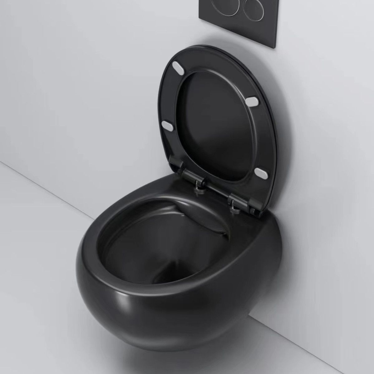 Toilettenschüssel, hängende Installation, Randlos, Mattschwarz, 52 x 30 cm, Site-Keramik, Duroplast-Deckel mit Soft Close, Roli