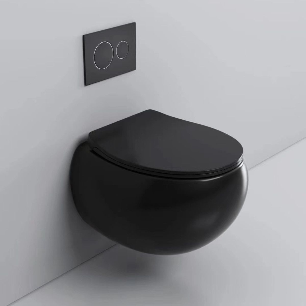 Toilettenschüssel, hängende Installation, Randlos, Mattschwarz, 52 x 30 cm, Site-Keramik, Duroplast-Deckel mit Soft Close, Roli