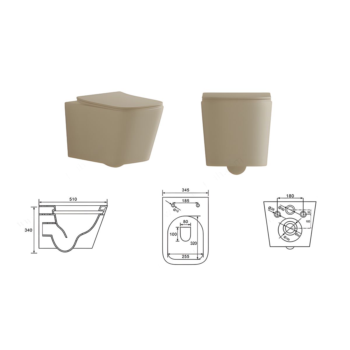Toilettenschüssel, Rimless, Jasmin Matt, Power Colour, Wandmontage, inkl. Slim-Duroplast-Sitz mit Soft-Close, Alfonso