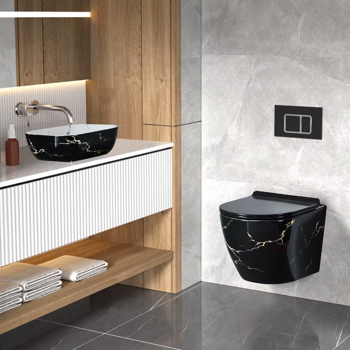Wandhängendes WC, Schwarz Gold Marmor, Rimless, 48x37 cm, Duroplast-Deckel, Sanitärkeramik, Ben