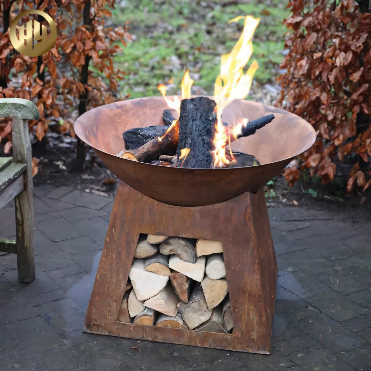 Feuerschale mit Holzablage, 2,5 cm Cortenstahl, D 80 x H 70 cm, Vulcanis